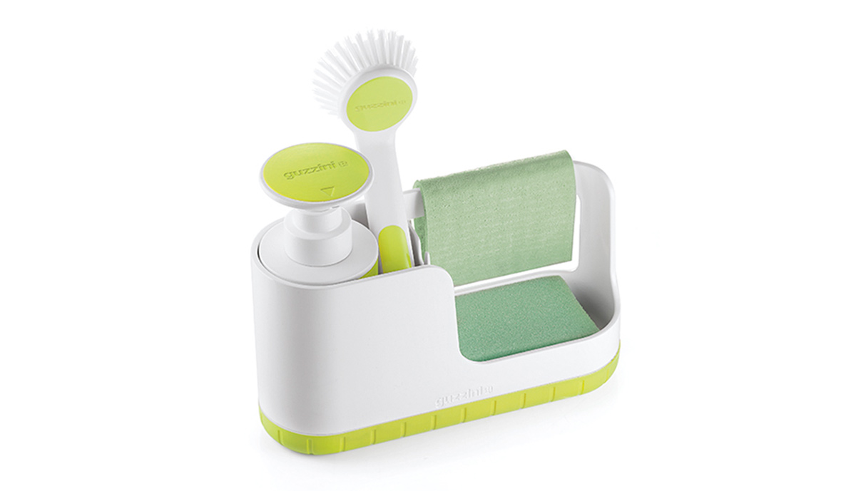 Guzzini sink caddy with brush, soap and sponge