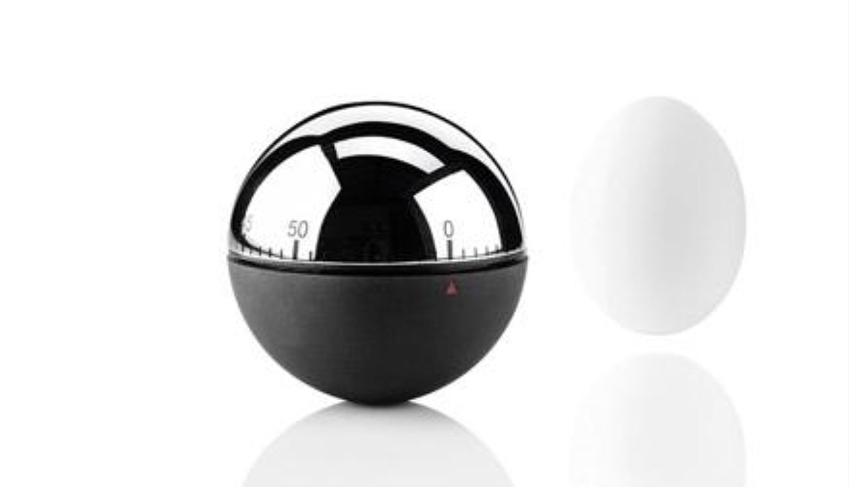 Stelton Rise &rsquo;n&rsquo; Shine juicer kitchen timer beside a white egg